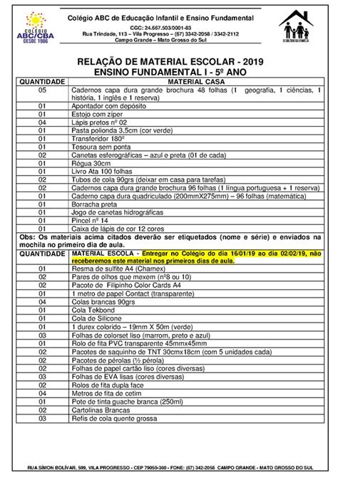 RELAÇÃO DE MATERIAL ESCOLAR 2019 Colégio ABC