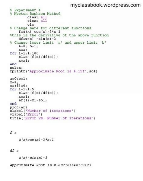 Newton Raphson Method Matlab Code Program With Simple Example Myclassbook Method