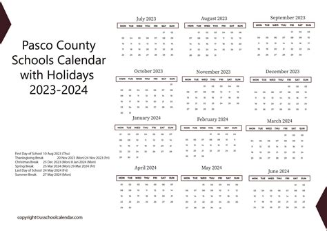 Pasco County Schools Calendar with Holidays 2023-2024