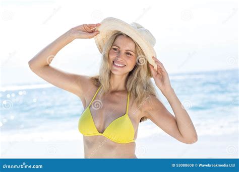 Smiling Pretty Blonde In Bikini Wearing Straw Hat Stock Photo Image