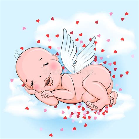 Sleeping Angel Baby In The Cloud And Plenty Of Hearts Stock Vector