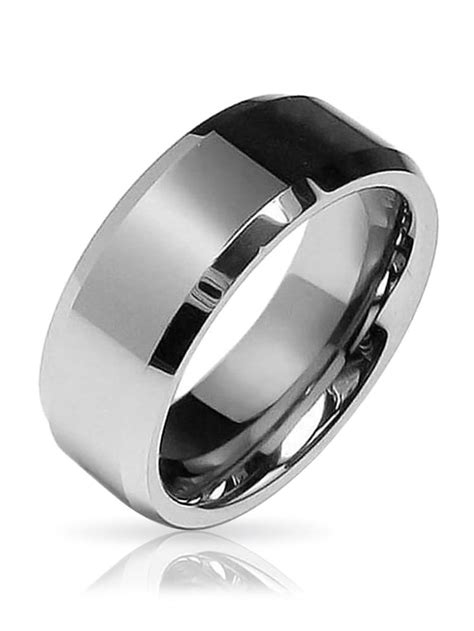 Bling Jewelry Plain Simple Wide Beveled Titanium Black Silver Tone