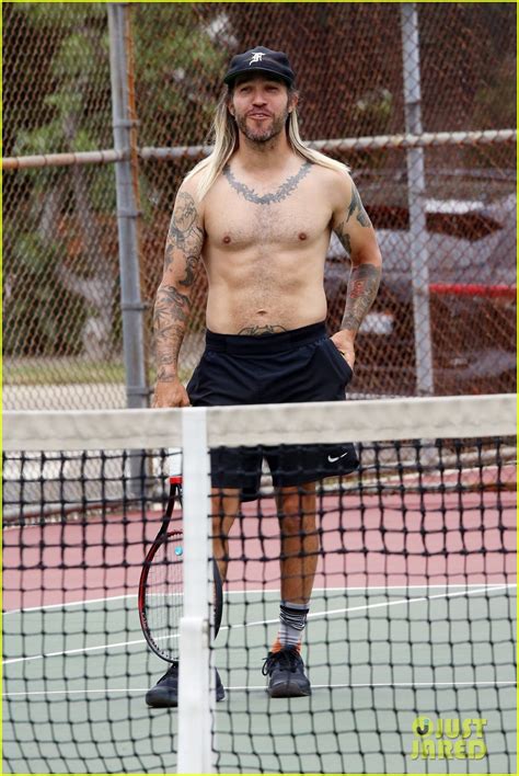 Shirtless Pete Wentz Enjoys A Tennis Match Shows Off His Long Blonde