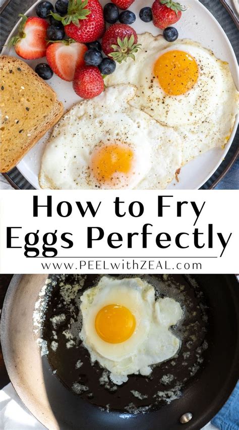 An Egg Frying Pan With Strawberries And Blueberries On It And The Words How To Fry Eggs Perfectly