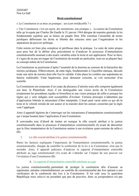 Droit Constitutionnel Semestre 1 La Constitution Dissertation Noa Le