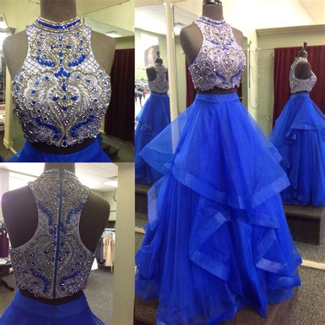 Royal Blue Two Piece Prom Dresses Beaded Bodice Tulle Skirt Sweet 16