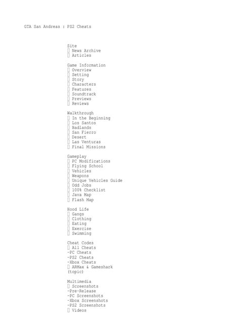 GTA San Andreas PS2 Cheats | PDF | Weaponry | Leisure