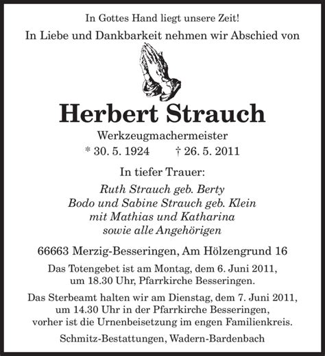 Traueranzeigen Von Herbert Strauch Saarbruecker Zeitung Trauer De