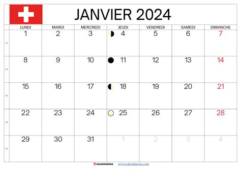 Calendrier Janvier 2024 Suisse à Imprimer