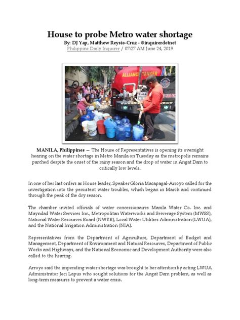 House To Probe Metro Water Shortage Pdf Metro Manila Water Resources