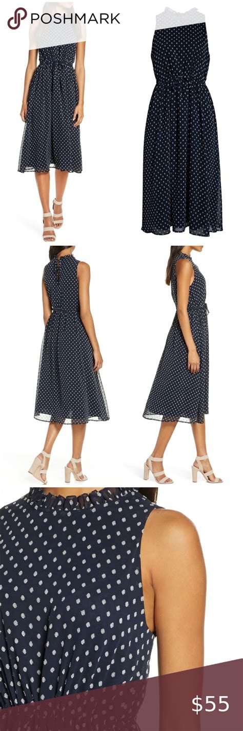 Polka Dot Midi Dress With Frilly Neckline