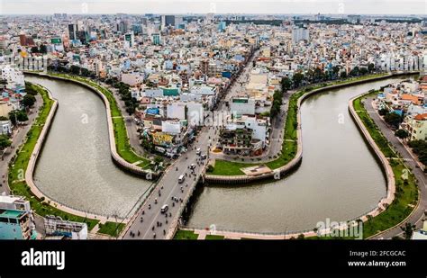 Trident Shaped Cityscape With Traffic In Ho Chi Minh City Vietnam Time