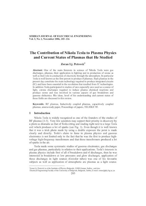 Pdf The Contribution Of Nikola Tesla To Plasma Physics And The