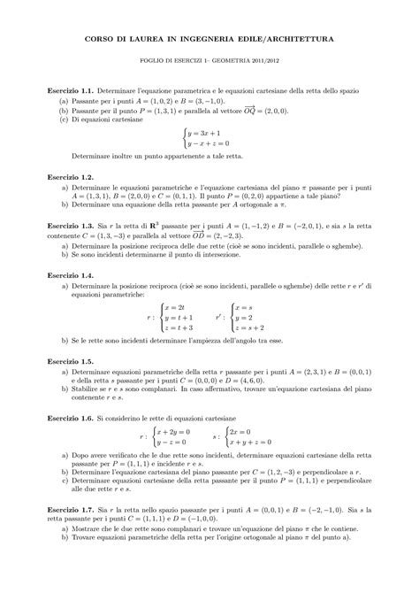 Es01 Esercizi CORSO DI LAUREA IN INGEGNERIA FOGLIO DI ESERCIZI