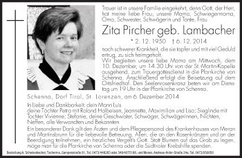 Traueranzeigen Von Zita Pircher Trauer Bz