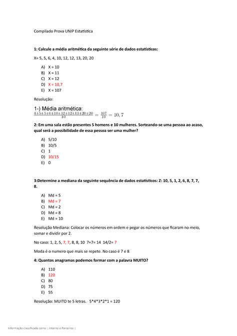 Compilado Prova Unip Estat Stica Compilado Prova Unip