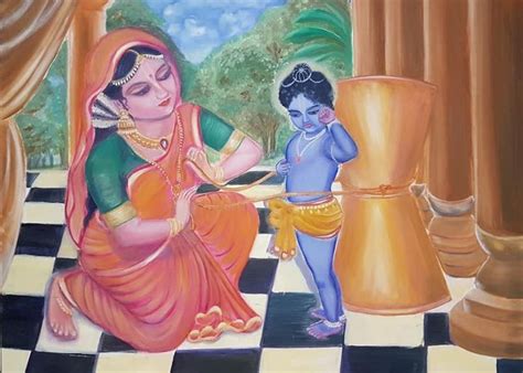 Painting of Lord Krishna and Baby Krishna on a Checkered Floor