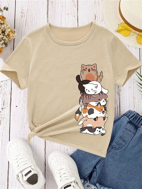 Girls Cute Cartoon Cat Graphic T shirt Casual Round Neck - Temu