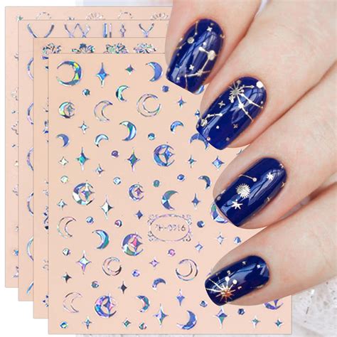 Jmeowio 9 Sheets Aurora Holographic Moon Star Nail Art