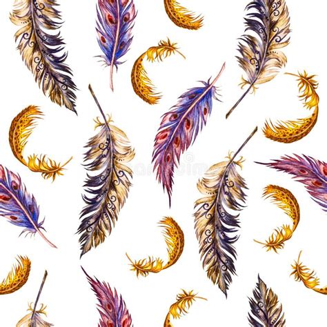 Seamless Pattern Of Bird Feathers Watercolor Feather Pattern Vintage Style Seamless Pattern With