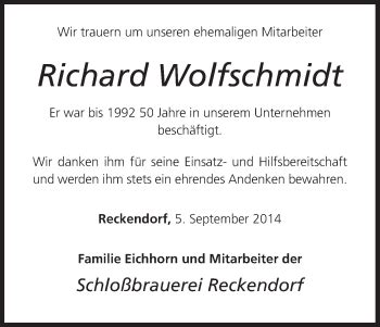 Richard Wolfschmidt Traueranzeige Trauer InFranken De