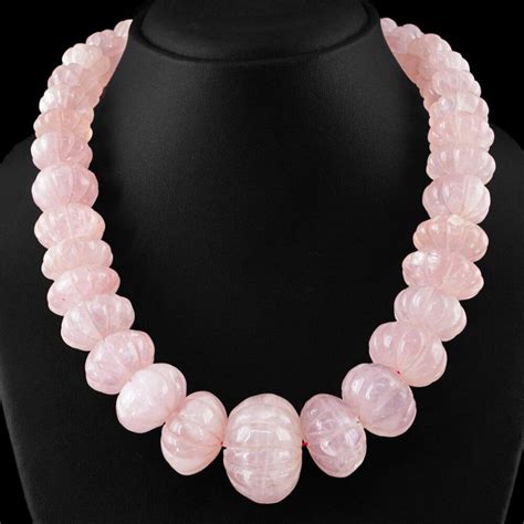 137100 Cts Natural Rich Pink Rose Quartz Round Carved Beads Necklace Strand Strandstring