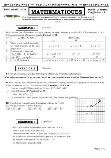 Bepc blanc 2024 Maths sujet barème dren Sassandra by Tehua