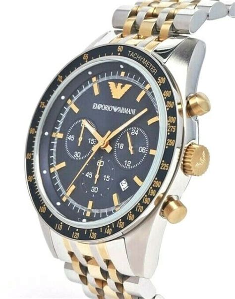 Emporio Armani Mens Chronograph Two Tone Stainless Steel Blue Dial