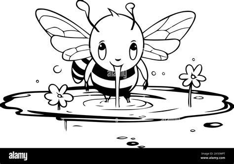 Cute Cartoon Bee In A Puddle Of Water Vector Illustration Stock Vector