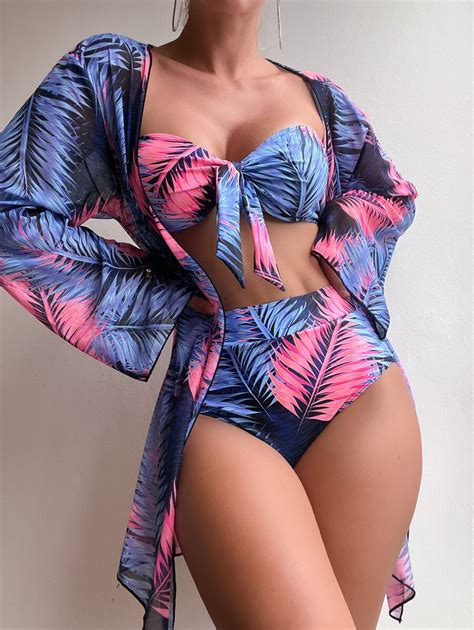 Shein Swim Tropical Print Knot Front Bandeau Bikini Swimsuit With