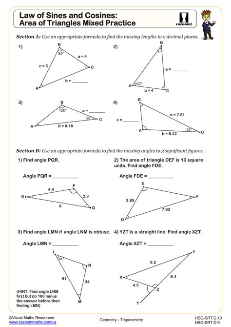 Law Of Sines And Cosines Area Of Triangles Mixed Practice Worksheet