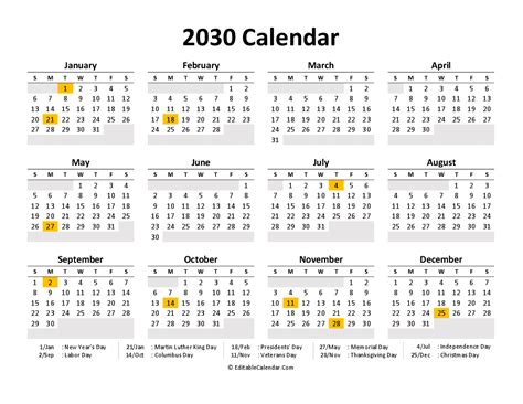 Download Printable Calendar 2030 Free (PDF Version)