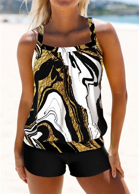 Patchwork Marble Print Black Tankini Top Modlily Usd