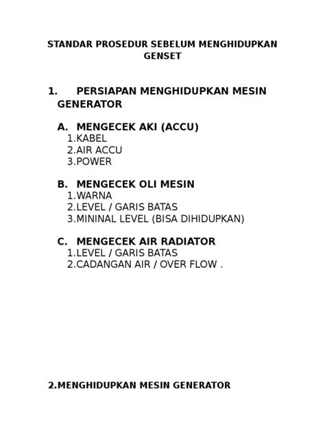 Standar Prosedur Menghidupkan Genset Pdf