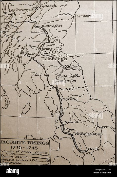 A 1921 outline map showing the Jacobite Risings 1715-1745 in the UK ...