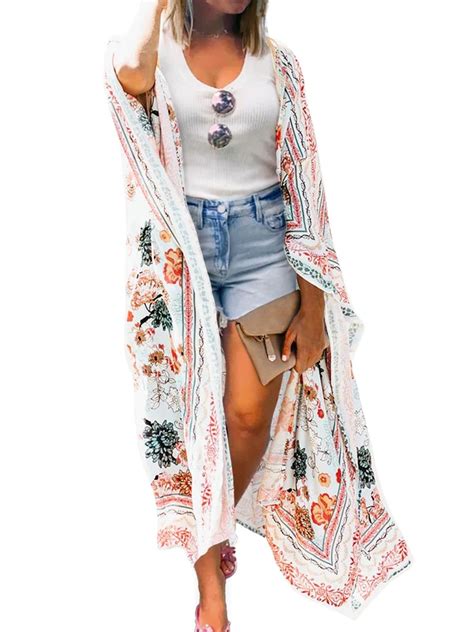 Women S Floral Chiffon Kimono Cardigan Long Flowy Beach Cover Ups Bikini Swimsuit Open Front