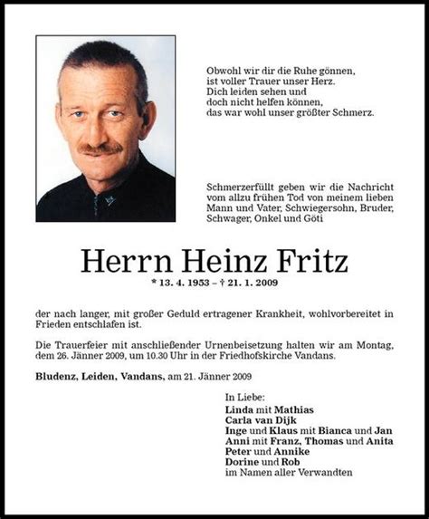 Todesanzeigen Von Heinz Fritz Todesanzeigen Vorarlberger Nachrichten