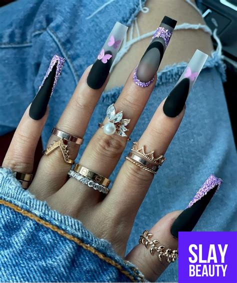 Luxury Purple And Black Bling Life Jet Set Babe Press On Nails