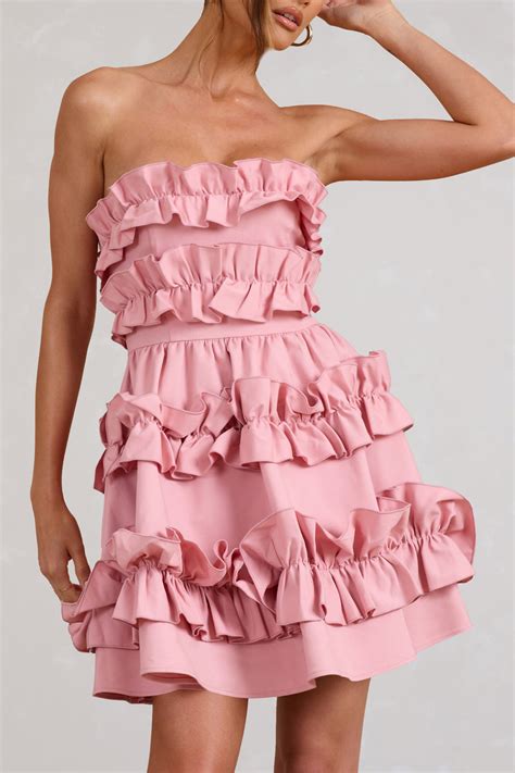 Rosette Blush Ruffled Bandeau Mini Dress Club L London Uk