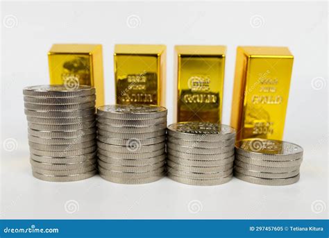 Gold Bars and Stacks of Coins in White Stock Image - Image of ...