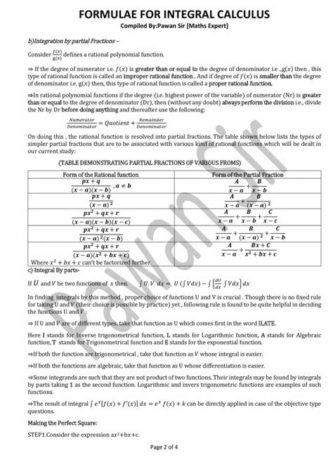 Formula Sheet For Integration Notes Learnpick India