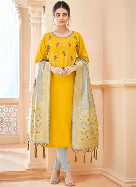 Pleasance Cotton Embroidered Yellow Churidar Designer Suit Designer