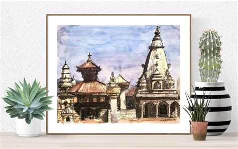 Kathmandu Wall Art Watercolor Painting Durbar Square Etsy Painting