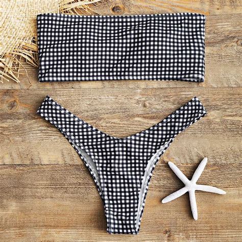 ZAFUL Strapless Plaid Bikini High Cut Thong Bikini Swimwear Swimwear