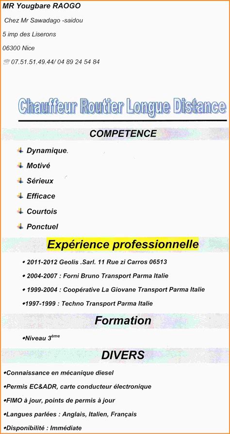 Curriculum Vitae Chauffeur Poids Lourd Laboite Cv Fr