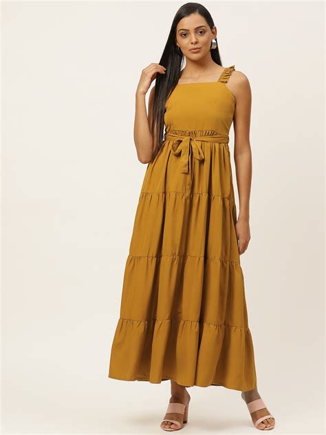 Buy Uandf Women Mustard Yellow Solid Tiered Maxi Dress With Belt