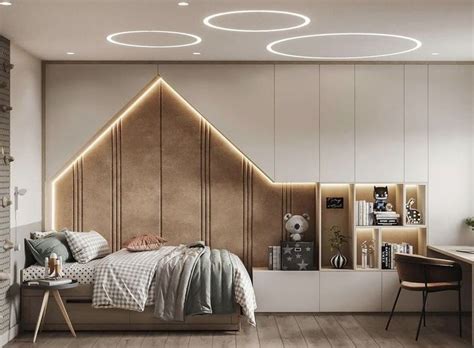 A Bed Room With A Neatly Made Bed Next To A Desk And Shelves On The Wall