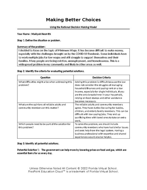 Making better choices assignment template - Making Better Choices Using