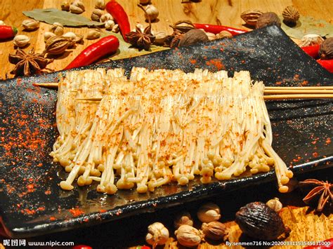 烧烤金针菇摄影图传统美食餐饮美食摄影图库昵图网