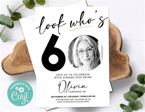 Look Whos 60 Birthday Invitation With Photo Picture Black And White Simple Aesthetic Sixtieth